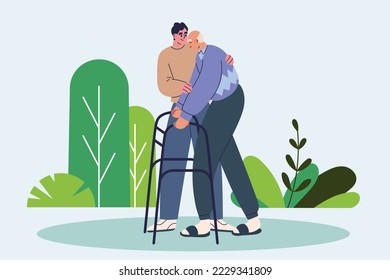 Male family member helping elderly male with walking frame. helping old elderly disable man grandfather to walk using walker equipment. Health care, Vector and Illustration.