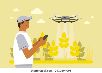 Male farmer with agricultural drone spraying fields