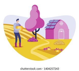 Male Farmer, Agronomist Growing up Plants and Vegetables Flat Vector Illustration. Organic and Fresh Food. Healthy Concept. Cartoon Gardener Man Character Holding Pumpkin near Farm.