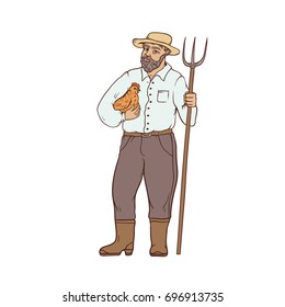 Male farmer in boots and wide-brimmed straw hat, with chicken and a pitchfork in his hands. Worker in the agricultural sector. People of professions. Vector colored sketch of realistic illustration