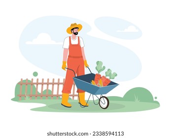 a male farmer was carrying carrots and corn from his harvest that day, he got a lot of carrots and corn
flat design, vector illustration