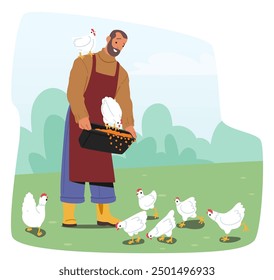 Male Farmer Character In An Apron And A Sweater Feeds Chickens From A Bucket In A Lush Green Field. Cartoon Vector Illustration Depicting Daily Farm Life And Sustainable Agriculture Practices