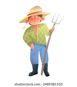 Male Farmer character holding rake illustration. Village or farmland worker cartoon, happy farmer man with spade fork and hay hat. Vector hand drawn character cartoon clip art for kids.