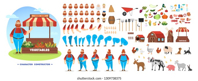 Male farmer character set for the animation with various views, hairstyle, emotion, pose and gesture. Farm animals and food. Isolated vector illustration in cartoon style