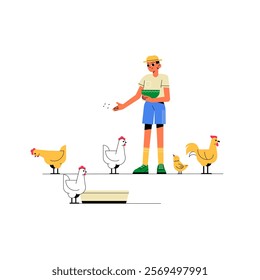 Male Farmer Feeding Chickens In Flat Vector Illustration Symbolizing Livestock Farming, Poultry Management, And Agriculture, Isolated On White Background