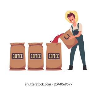 Male farmer filling sacks with coffee beans. Industrial coffee production from harvest on farm to packaging ready grains. Manufacturing popular beverage. Vector flat illustration