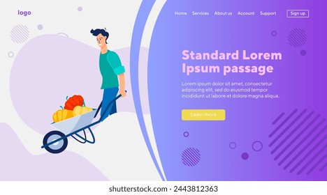 Male farmer gathering harvest. Young man wheeling barrow with vegetables flat vector illustration. Farming, gardening, autumn concept for banner, website design or landing web page