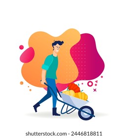 Male farmer gathering harvest. Young man wheeling barrow with vegetables flat vector illustration. Farming, gardening, autumn concept for banner, website design or landing web page