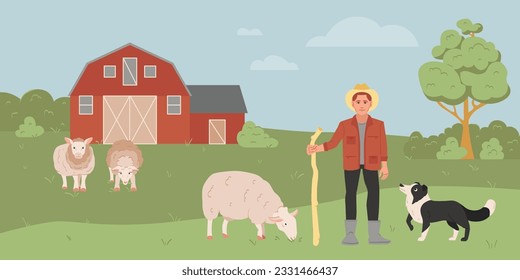 Male farmer grazing sheep with shepherd dog on farm flat vector illustration