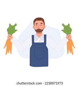 male farmer Harvesting carrot vegetables.Picking carrot.Picking vegetable. Holding carrots in both hands. Flat vector cartoon character illustration.