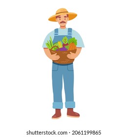 Male farmer in hat holding basket with vegetables. Vector illustration in flat style isolated on white