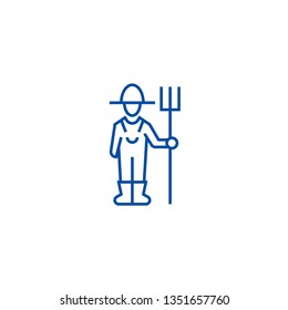 Male farmer with hayfork line icon concept. Male farmer with hayfork flat  vector symbol, sign, outline illustration.