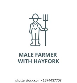 Male farmer with hayfork vector line icon, linear concept, outline sign, symbol