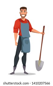 Male farmer holding shovel in hand flat vector illustration. Farmer standing with spade. Farming work, gardening. Agricultural worker with garden tool. Gardener, agronomist cartoon isolated character