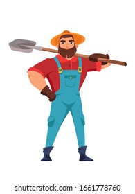 Male farmer holding shovel in hand flat vector illustration. Farmer standing with spade. Farming work, gardening. Agricultural worker with garden tool. Gardener, agronomist cartoon isolated character