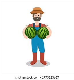 male farmer holding watermelons, color vector isolated on white background illustration in flat style, design, decoration, poster, banner
