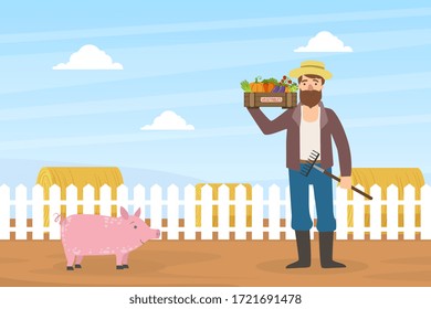 Male Farmer Holds Box of Vegetables, Autumn Rural Landscape Vector Illustration