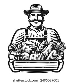 Hombre agricultor, trabajador del mercado que sostiene la caja llena de verduras. Alimentos orgánicos saludables de la granja. Ilustración vectorial