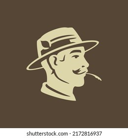 Male farmer with mustache holding straw in mouth head side view vintage icon vector illustration. Man agricultural worker in hat seasonal harvest farm market organic grocery product cultivation