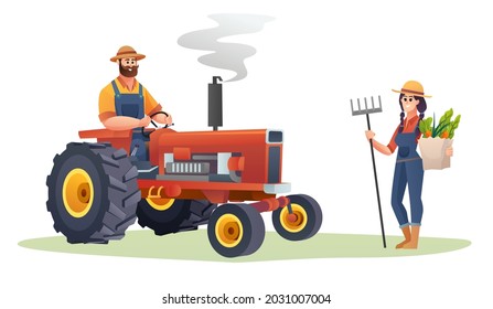 Male farmer on tractor and the female farmer holding organic vegetables and fork hoe concept. Harvest farmer illustration