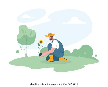 a male farmer is planting sunflowers in the prepared land
flat design, vector illustration