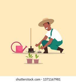 male farmer planting young seedlings plants flowers and vegetables african american man working in garden agricultural worker in uniform eco farming concept flat full length