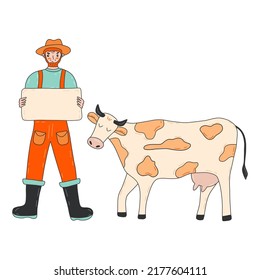 Male Farmer Protests With Poster In Hands. Cow Is Standing Nearby. Fight Against The Ban On Livestock. Reducing Nitrogen Emissions. Colorful Vector Isolated Illustration Hand Drawn