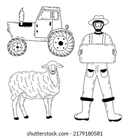 Male farmer protests with poster and tractor. Sheep stands nearby. Fight against ban on livestock. Reducing nitrogen emissions. Black and white vector isolated illustration hand drawn