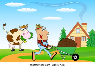 male farmer pushing a cart with black earth,vector illustration