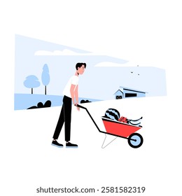 Male Farmer Pushing a Wheelbarrow in Flat Vector Illustration Symbolizing Farming, Agriculture, and Rural Life, Isolated on White Background