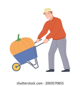 Male Farmer Pushing Wheelbarrow with Mature Pumpkin Vector Illustration