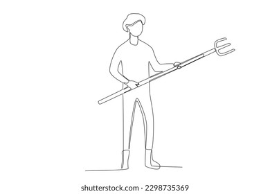 A male farmer raised a rake. Farmer one-line drawing