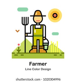 Male farmer with rake Line color icon