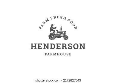 Male farmer riding on agricultural tractor seasonal harvesting silhouette vintage logo design template vector illustration. Man farming worker machine technology crop cultivation gardening mark
