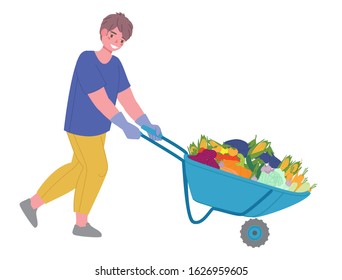 Male farmer rolls a garden car with a bunch of vegetables. Vector cartoon character illustration 
