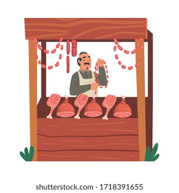 Male Farmer Selling Fresh Organic Meat on Wooden Stall at Marketplace Vector Illustration