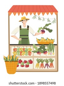 Male farmer selling fresh  vegetables and fruits at stall at local food market place. Organic food healthy eating concept. . Isolated on white.