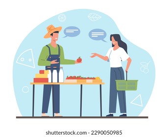 Male farmer selling produce to female customer at farmers market. Woman local products buying, grosery store, eco bio natural vegetables and milk, cartoon flat isolated vector concept