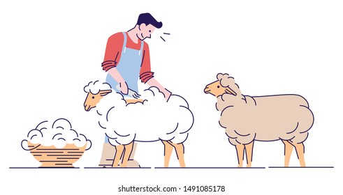 Male farmer shearing sheep flat vector character. Wool production. Livestock farming, domestic animal husbandry isolated cartoon concept with outline. Shearer, farm worker cutting merino wool