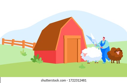 Male Farmer Shearing Sheep for Wool near Wooden Barn. Sheepshearer Character at Working Process on Farm. Shearer Man Removing Sheep Wool. Ewe Having Fleece Sheared Off. Cartoon Vector Illustration