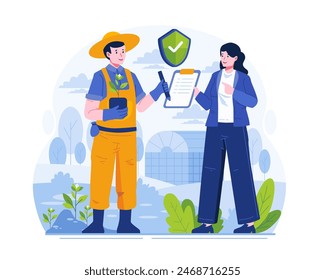 A Male Farmer Signs an Insurance Policy Paper Document Offered by a Female Agent. Farmer Insurance Concept Illustration