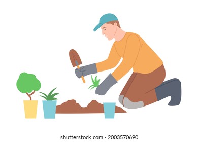 Male Farmer Sitting on His Knees Planting Sprouts and Seedling in the Garden Vector Illustration