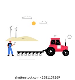 Male Farmer With Smart Tractor Using Precision Agriculture Technology, Flat Vector Illustration Symbolizing Digital Farming, Isolated On White Background