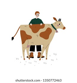 Male Farmer Standing Next to Spotted Cow, Dairy Cattle Animal Husbandry Breeding Vector Illustration