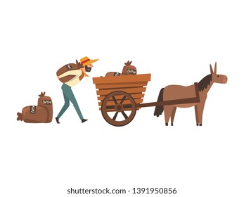 Male Farmer in Straw Hat Loading Coffee Bags into Donkey Cart, Coffee Industry Production Stage Vector Illustration