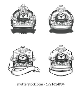 Male farmer vintage character design brings a box of fruit to sell to the market. Vector illustration