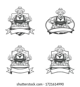 Male farmer vintage character design brings a box of fruit to sell to the market. Vector illustration