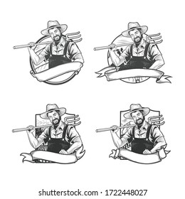 Male farmer vintage character holding a pitchfork for rice straw harvest. Vector illustration