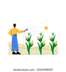 Male Farmer Watering Cornfield In Flat Vector Illustration Symbolizing Agriculture, Crop Care, And Farming, Isolated On White Background.