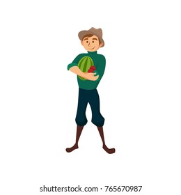 Male farmer with watermelon, gardener at work cartoon vector Illustration